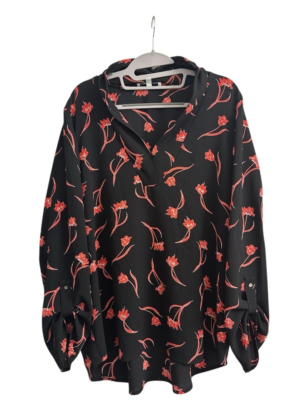 Chaus Floral V-Neck Tab Sleeve Blouse in Black with Red Print - Picture 2 of 11